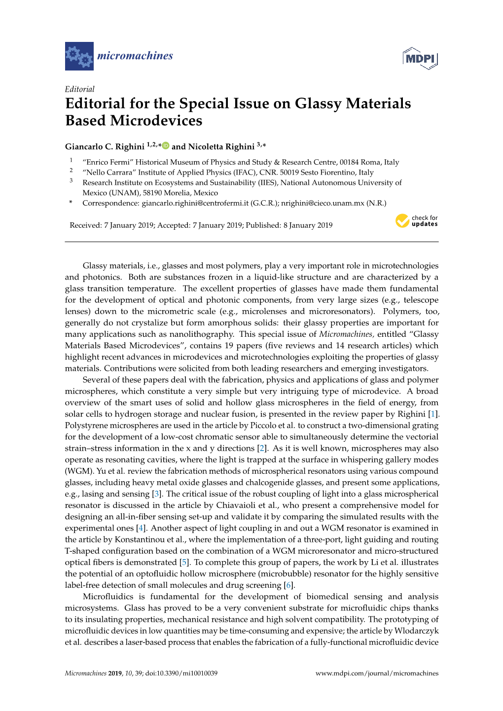 Editorial for the Special Issue on Glassy Materials Based Microdevices