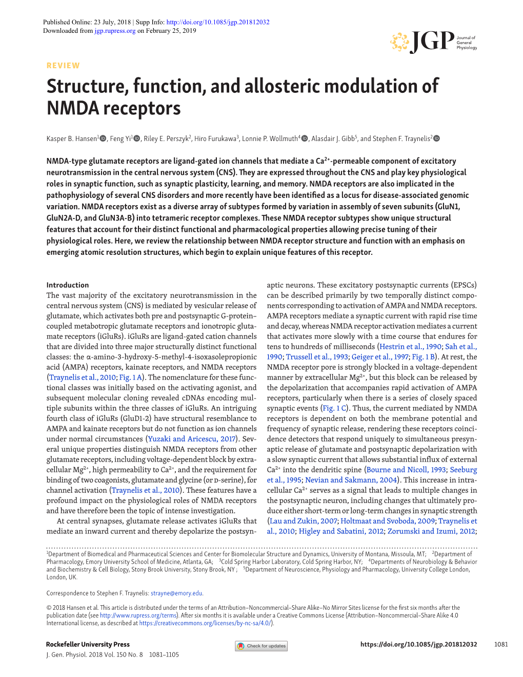 Structure, Function, and Allosteric Modulation of NMDA Receptors