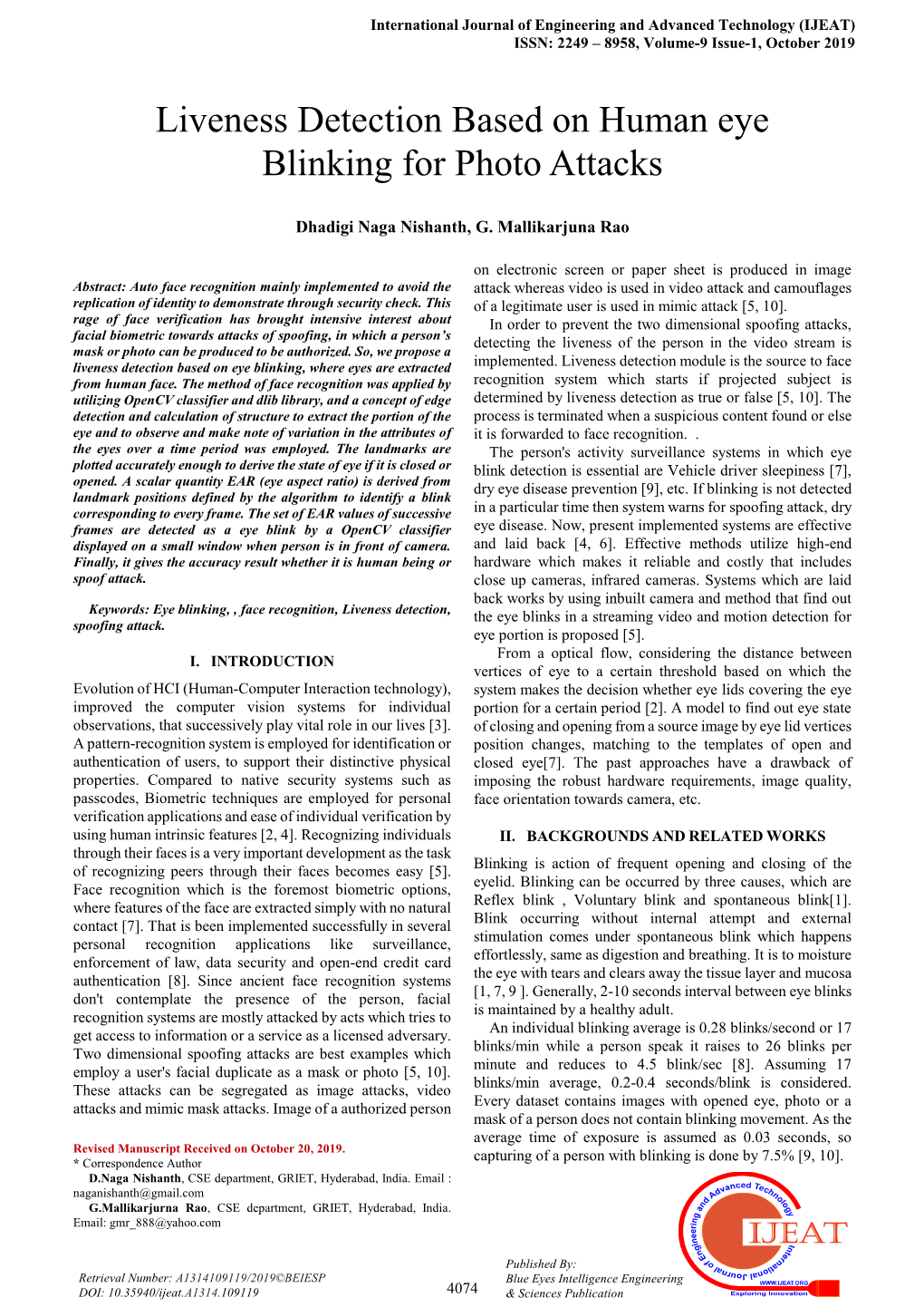 Liveness Detection Based on Human Eye Blinking for Photo Attacks