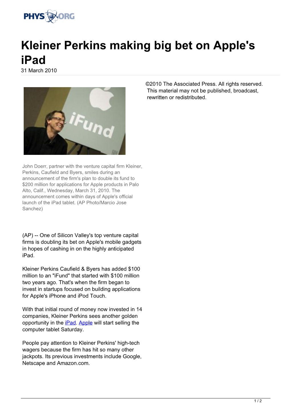 Kleiner Perkins Making Big Bet on Apple's Ipad 31 March 2010