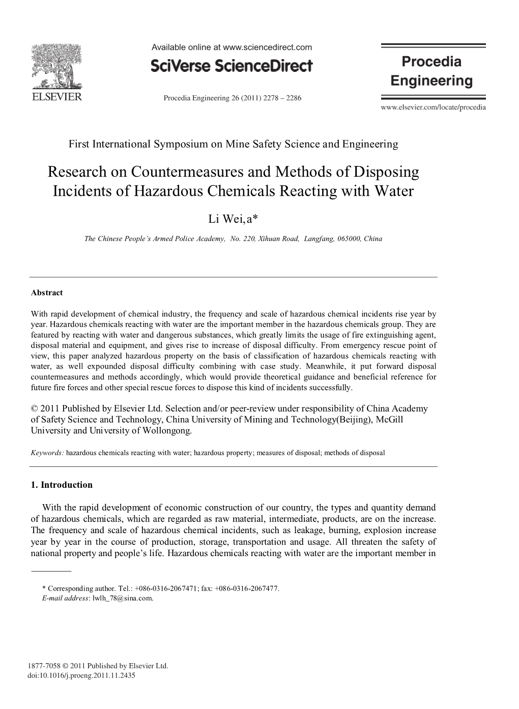 Research on Countermeasures and Methods of Disposing Incidents of Hazardous Chemicals Reacting with Water
