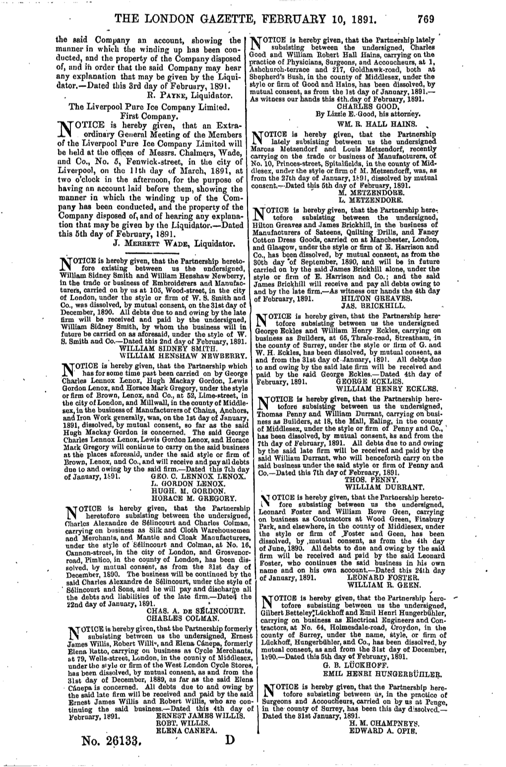 THE LONDON GAZETTE, FEBRUARY 10, 1891. 769 No. 26133