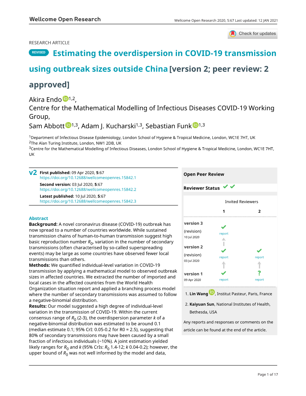 Estimating the Overdispersion in COVID-19 Transmission Using Outbreak Sizes Outside China [Version 2; Peer Review: 2 Approved]