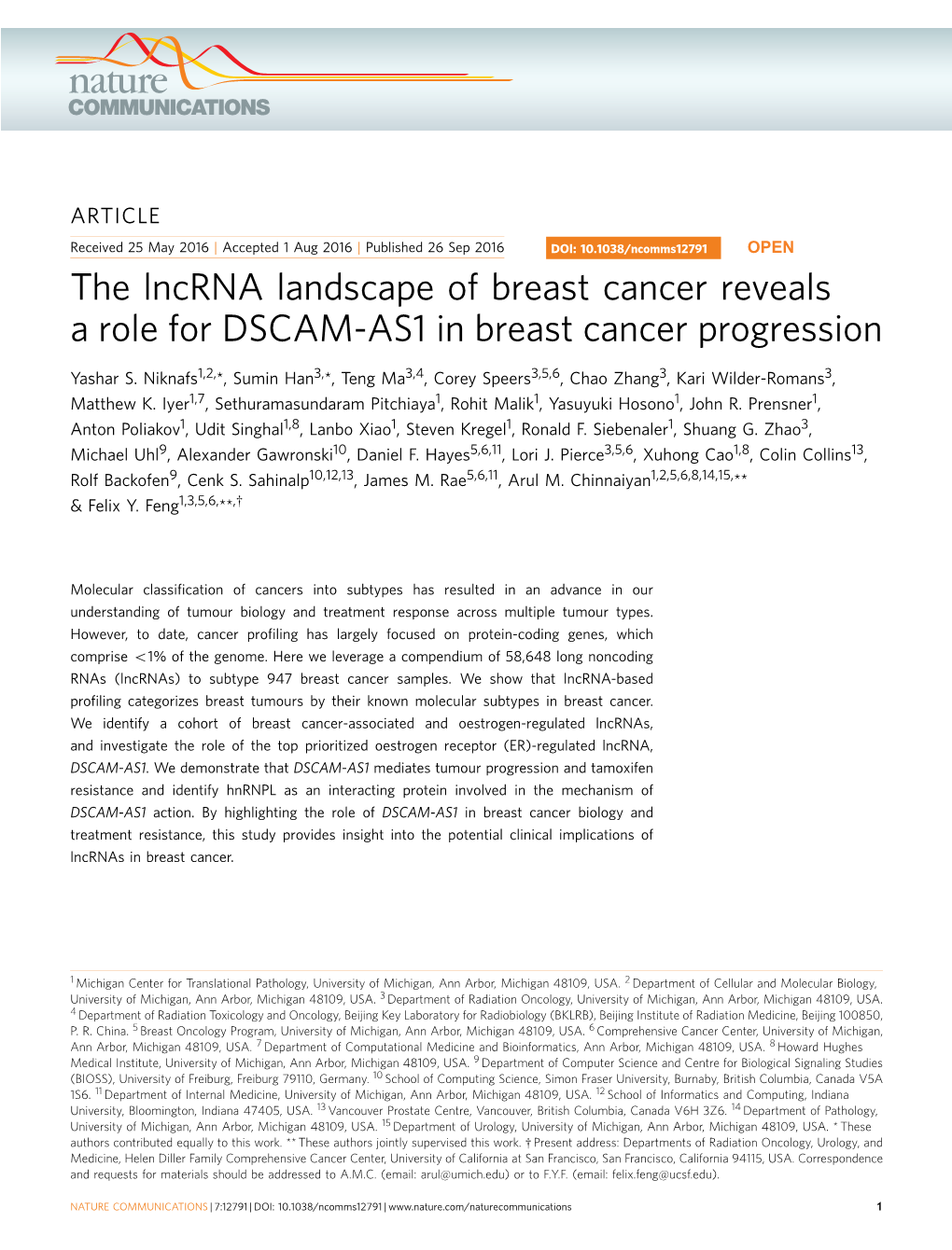 The Lncrna Landscape of Breast Cancer Reveals a Role for DSCAM-AS1 in Breast Cancer Progression