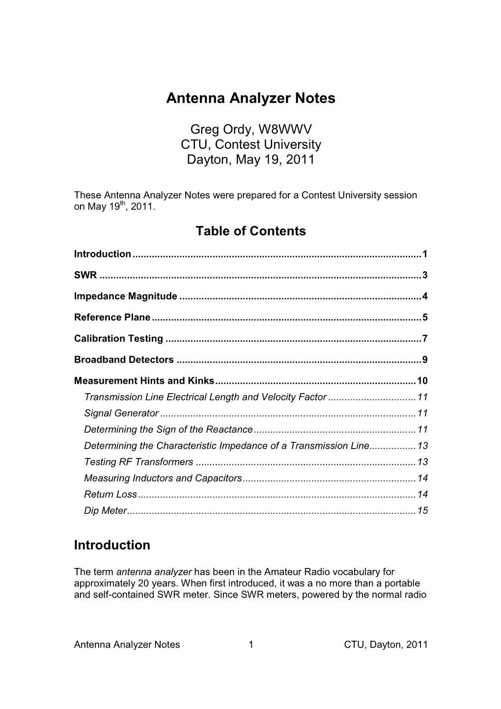 Antenna Analyzer Notes, Contest University, Dayton 2011