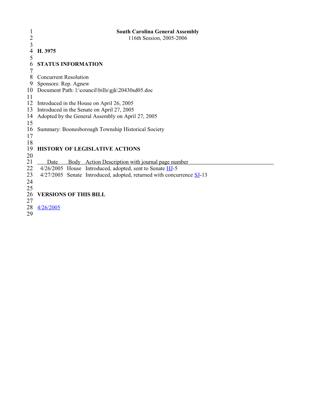 2005-2006 Bill 3975: Boonesborough Township Historical Society - South Carolina Legislature