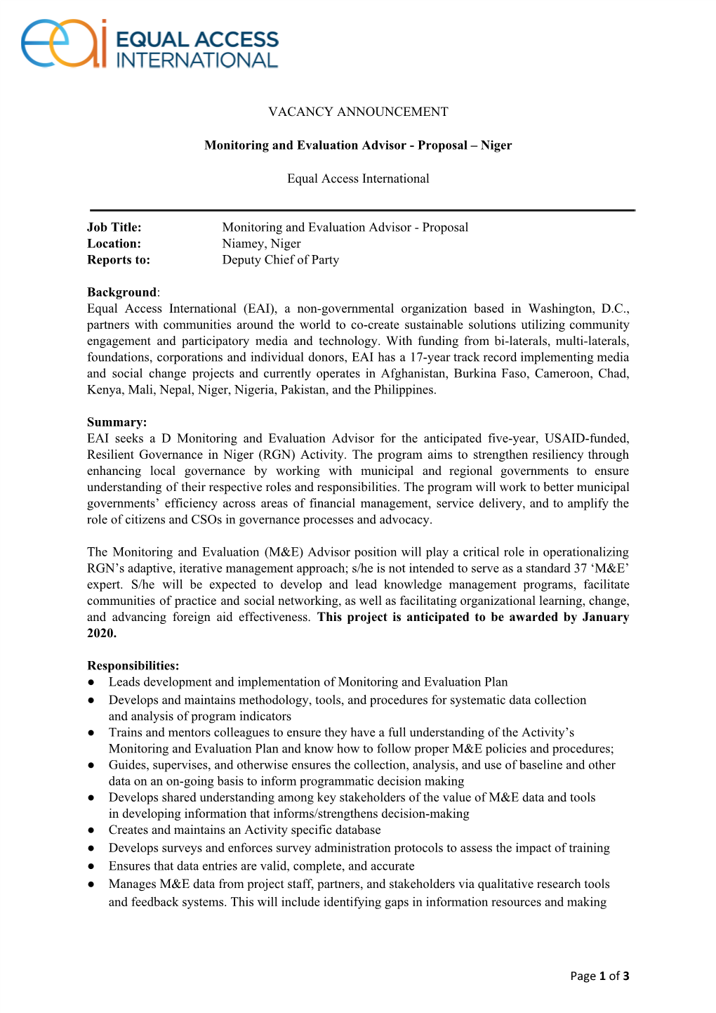 VACANCY ANNOUNCEMENT Monitoring and Evaluation Advisor