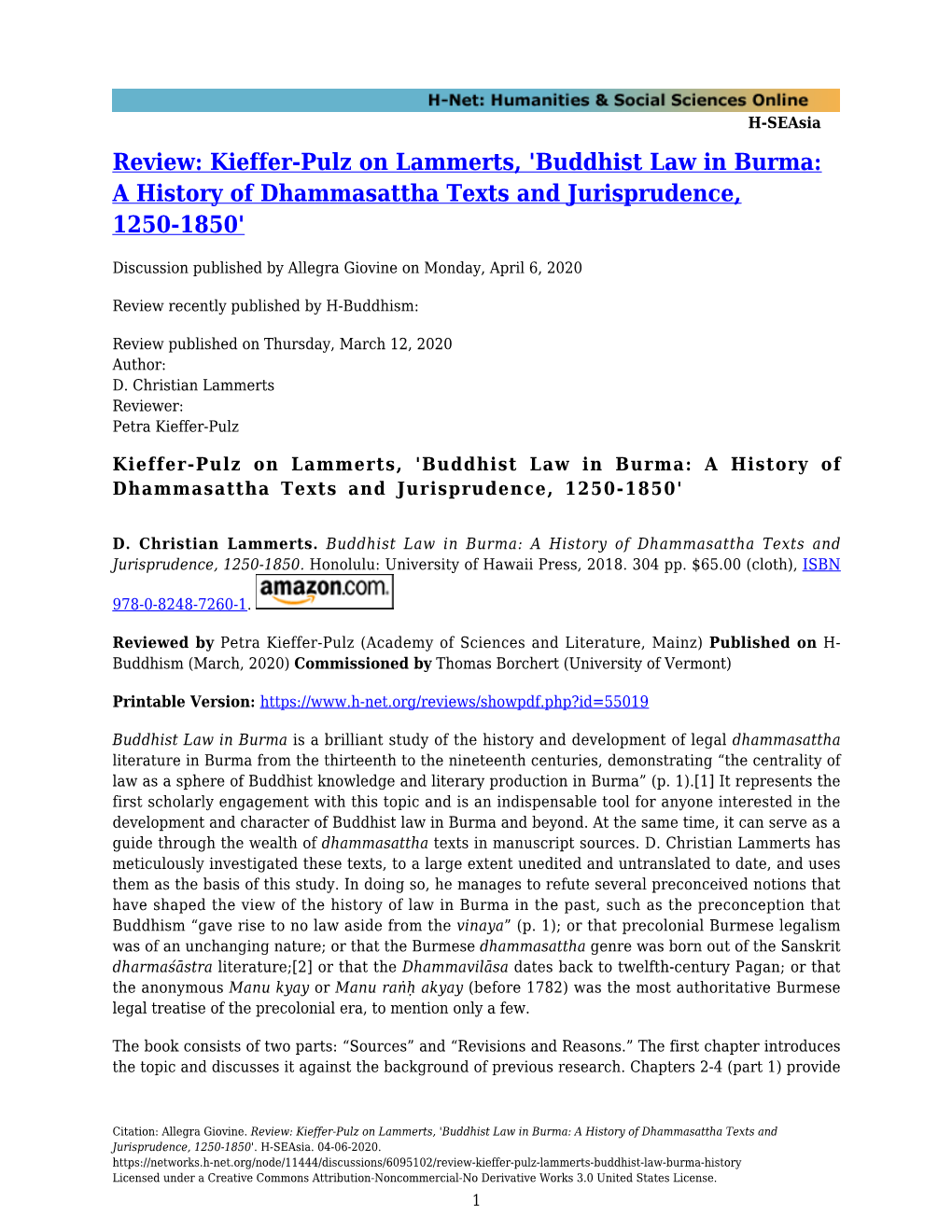 Review: Kieffer-Pulz on Lammerts, 'Buddhist Law in Burma: a History of Dhammasattha Texts and Jurisprudence, 1250-1850'