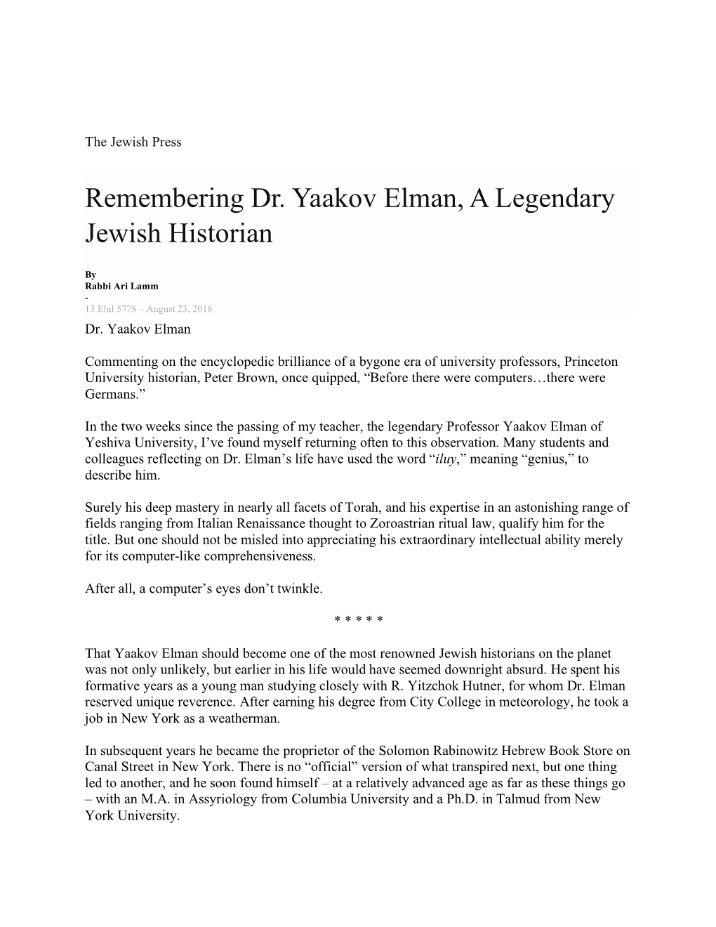 Remembering Dr. Yaakov Elman, a Legendary Jewish Historian