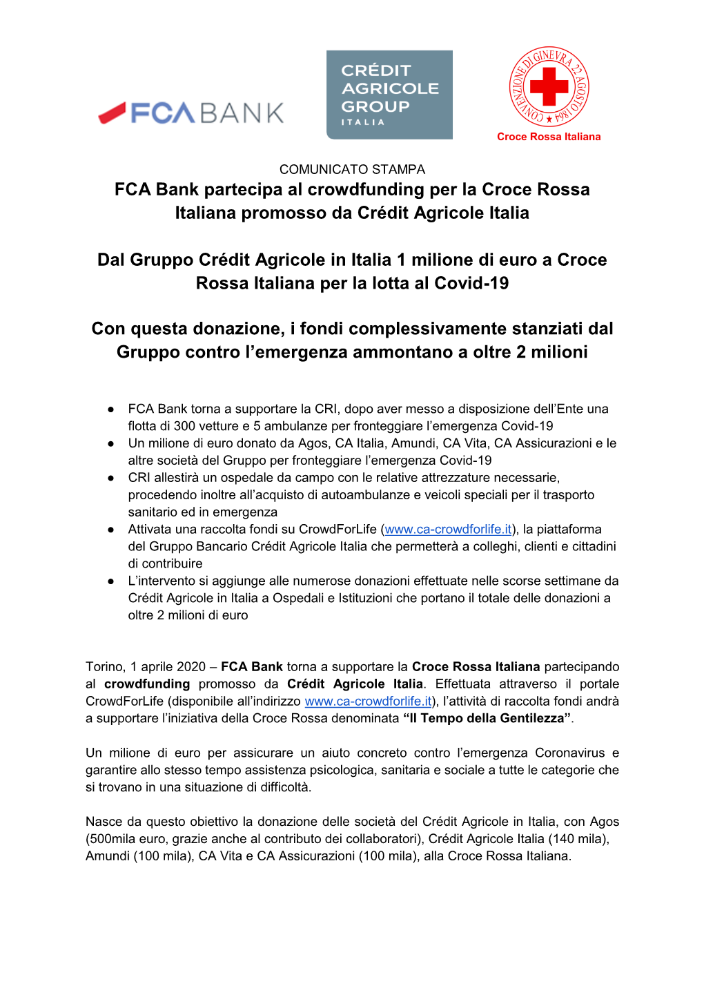 01 APRILE 2020 FCA Bank Partecipa Al Crowdfunding Per La Croce Rossa