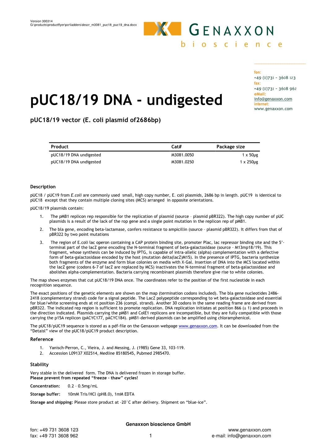 Puc18/19 DNA - Undigested Internet: Puc18/19 Vector (E