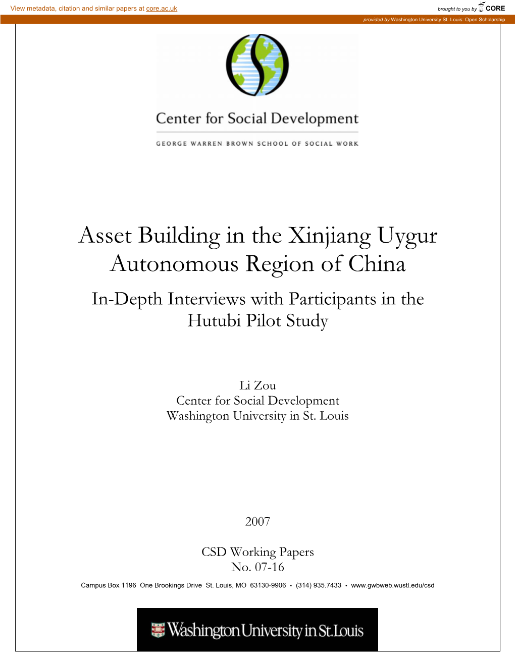 Asset Building in the Xinjiang Uygur Autonomous Region of China In-Depth Interviews with Participants in the Hutubi Pilot Study