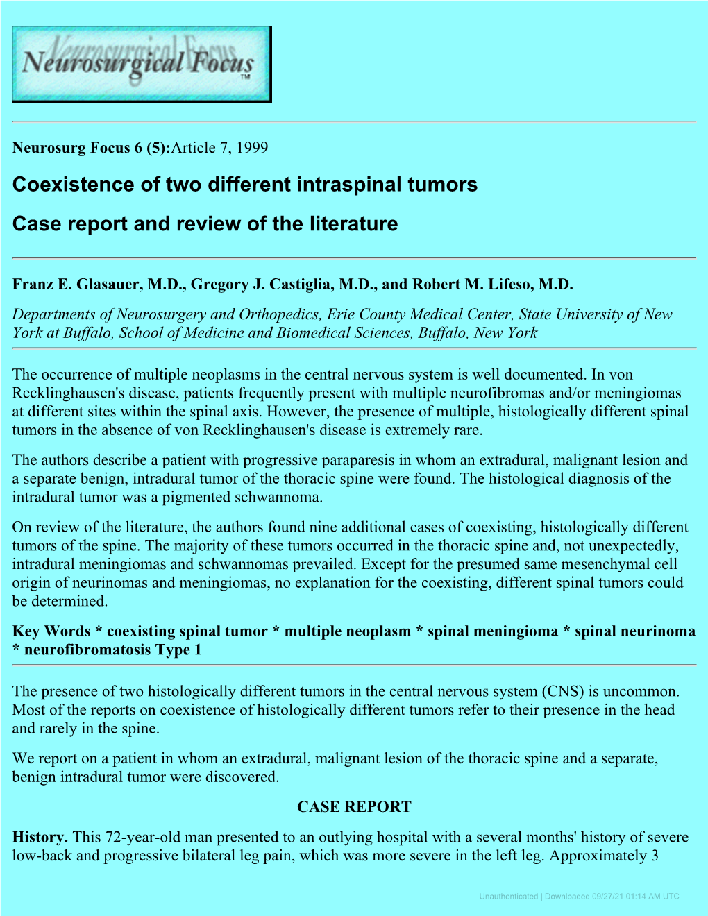 Coexistence of Two Different Intraspinal Tumors Case Report and Review of the Literature