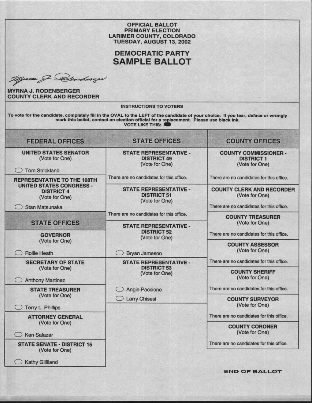 Democratic Party Sample Ballot ~?~~ Myrnaj.Rodenberger County Clerk and Recorder