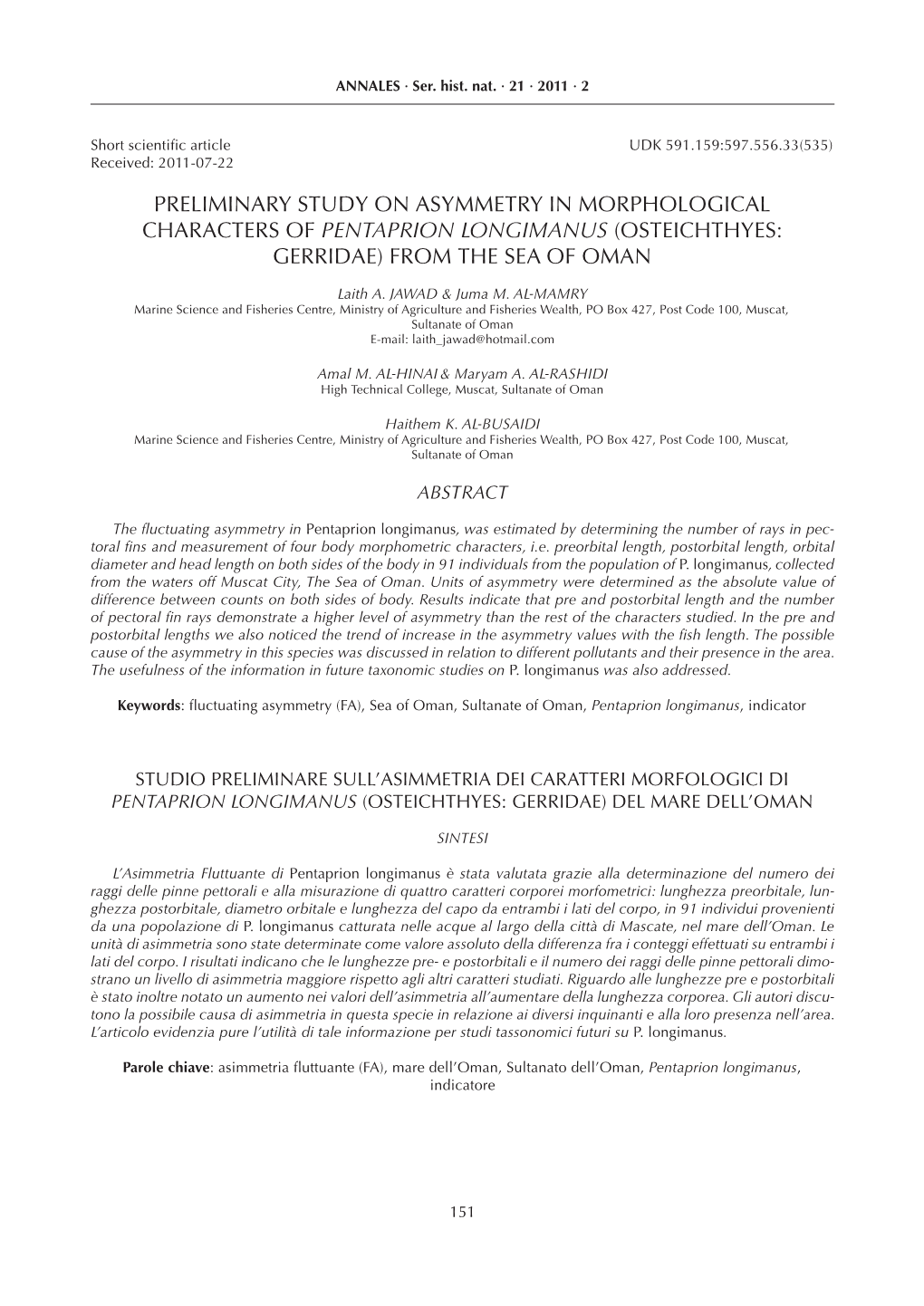 Preliminary Study on Asymmetry in Morphological Characters of Pentaprion Longimanus (Osteichthyes: Gerridae) from the Sea of Oman