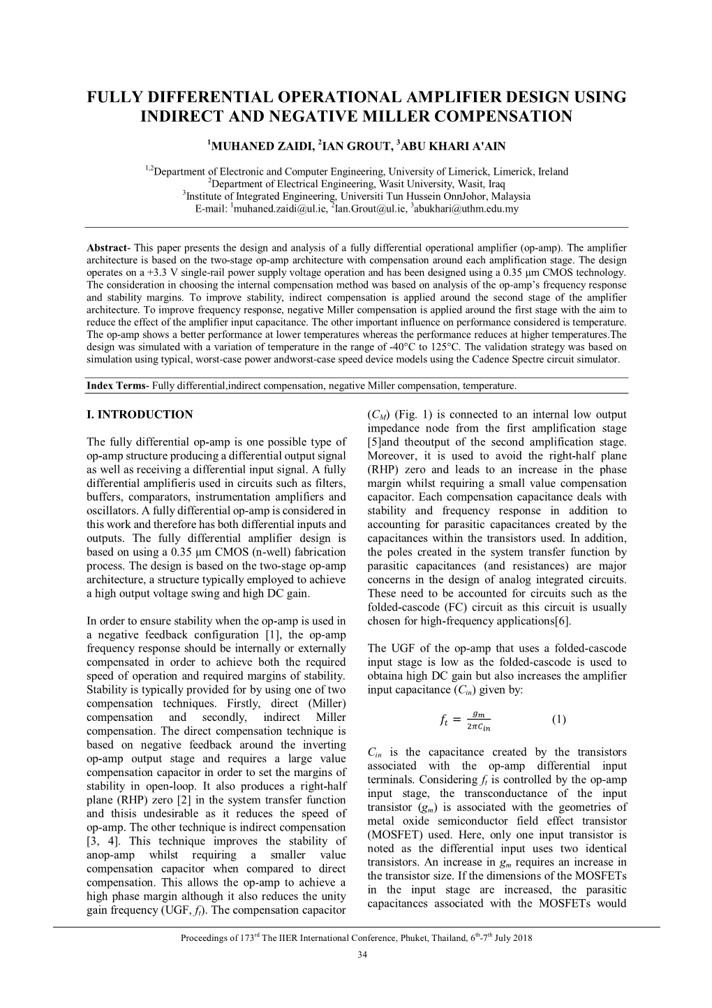 Fully Differential Operational Amplifier Design Using Indirect and Negative Miller Compensation