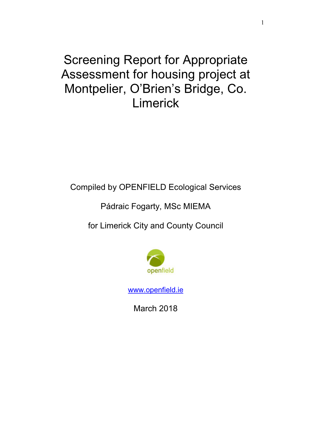 Screening Report for Appropriate Assessment for Housing Project at Montpelier, O’Brien’S Bridge, Co