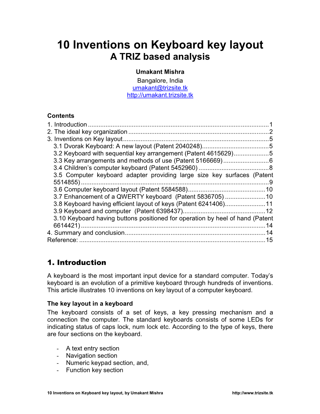 10 Inventions on Keyboard Key Layout a TRIZ Based Analysis