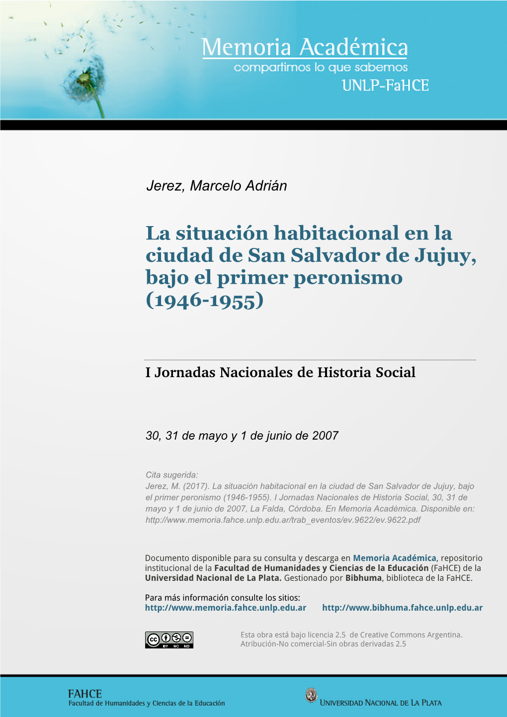 La Situación Habitacional En La Ciudad De San Salvador De Jujuy, Bajo El Primer Peronismo (1946-1955)