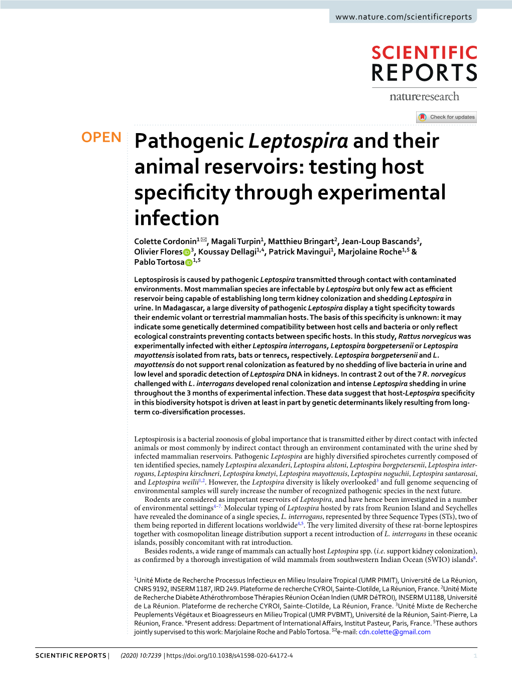 Pathogenic Leptospira and Their Animal Reservoirs: Testing Host