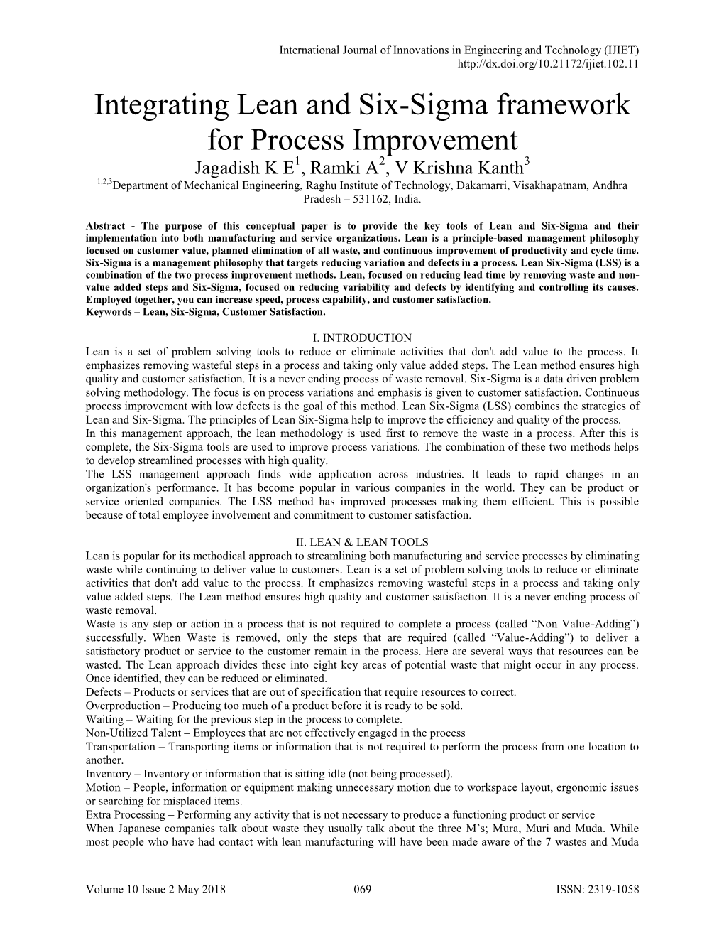 Integrating Lean and Six-Sigma Framework for Process Improvement
