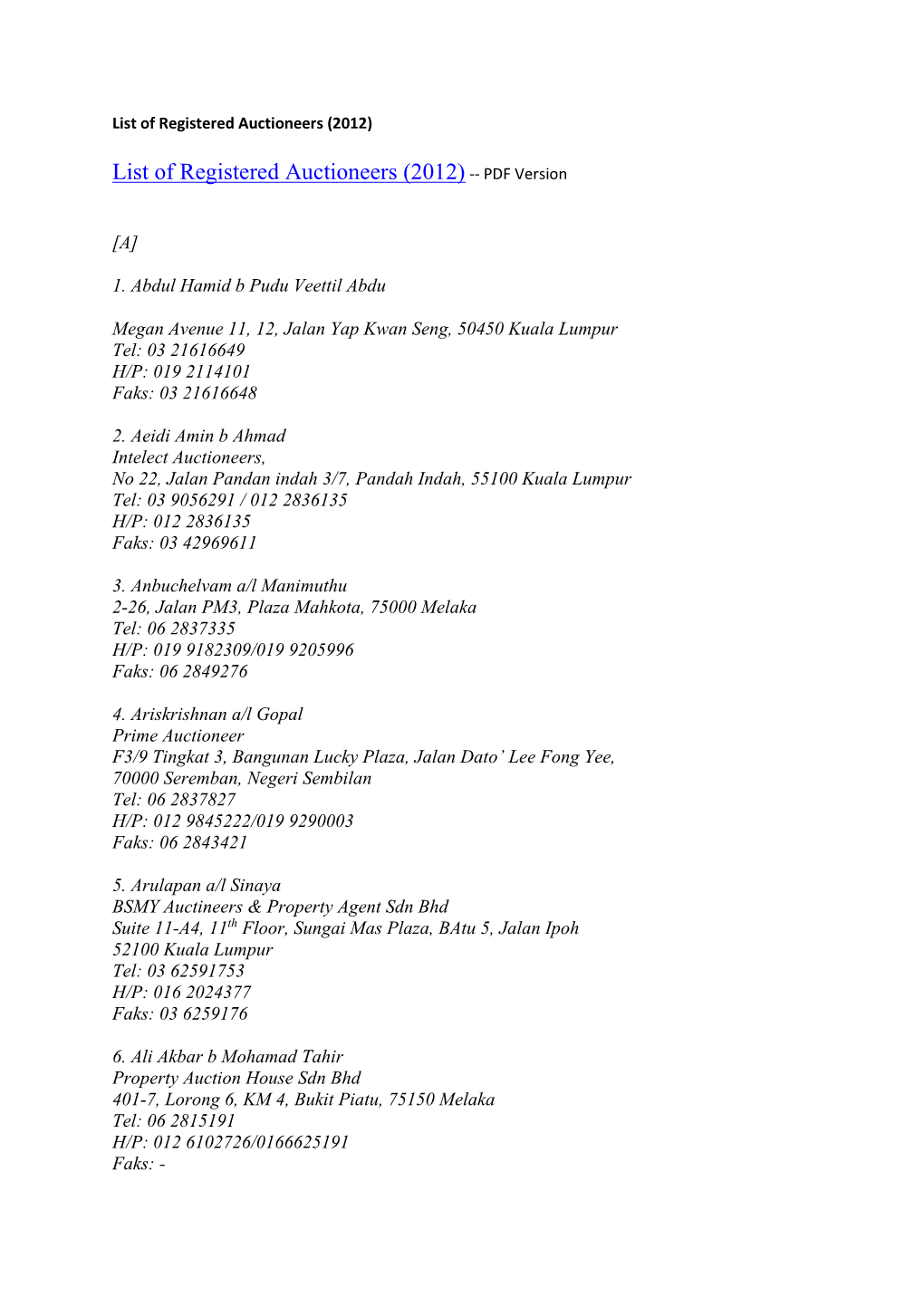 List of Registered Auctioneers (2012) -- PDF Version
