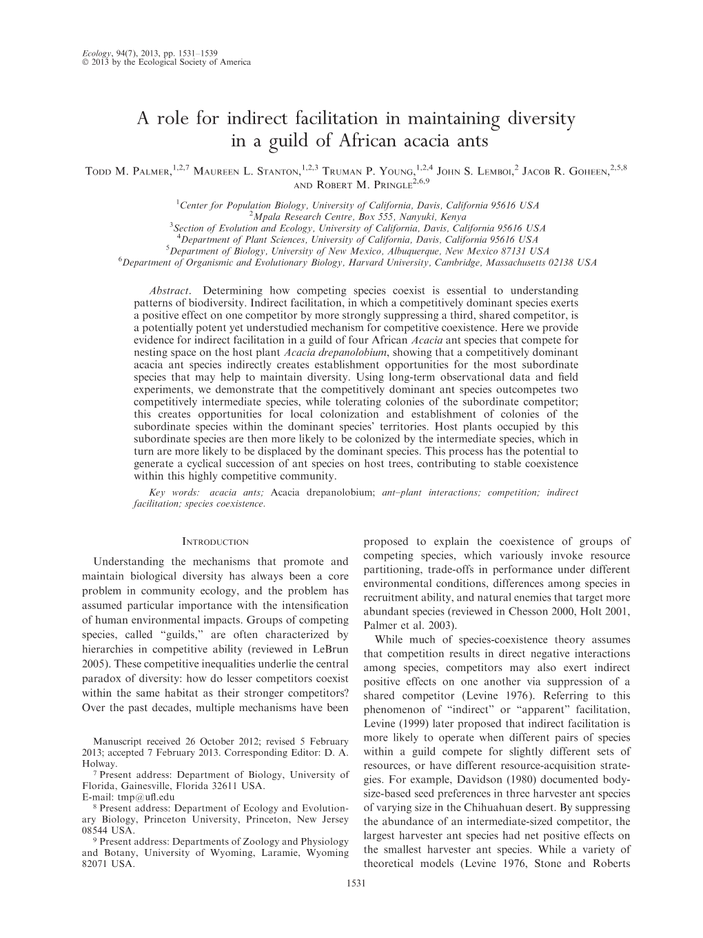 A Role for Indirect Facilitation in Maintaining Diversity in a Guild of African Acacia Ants