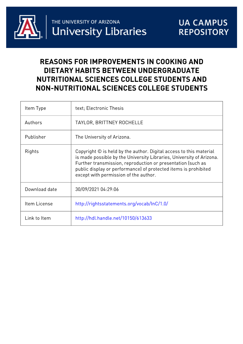 Reasons for Improvements in Cooking and Dietary Habits Between Undergraduate Nutritional Sciences College Students and Non-Nutritional Sciences College Students