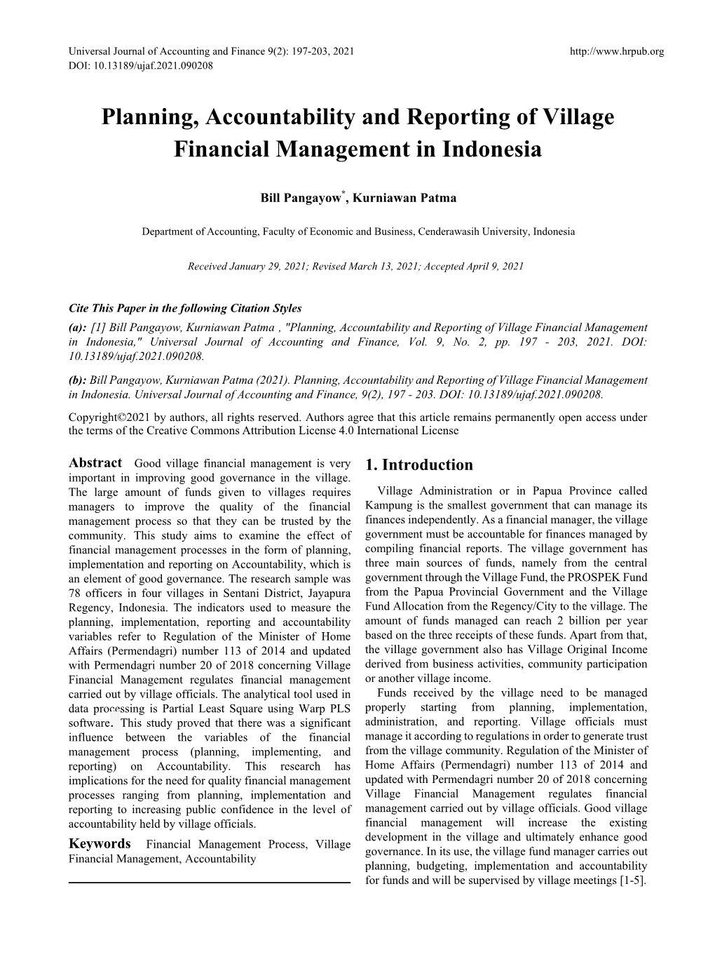 Planning, Accountability and Reporting of Village Financial Management in Indonesia