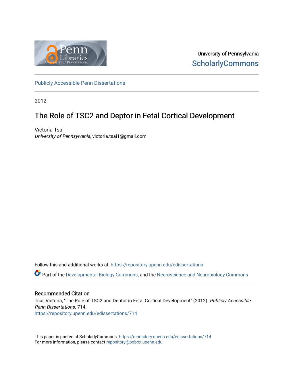 The Role of TSC2 and Deptor in Fetal Cortical Development