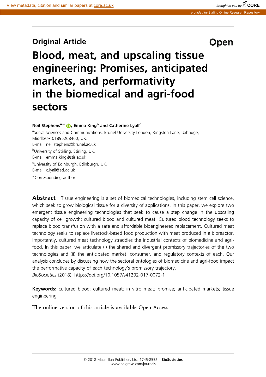 Blood, Meat, and Upscaling Tissue Engineering: Promises, Anticipated Markets, and Performativity in the Biomedical and Agri-Food Sectors