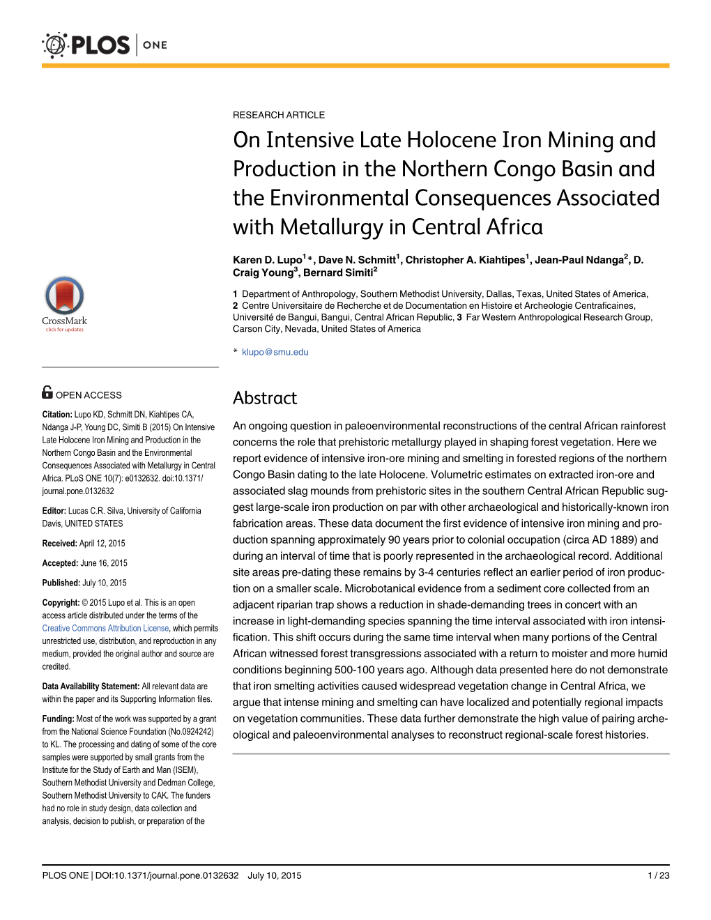 On Intensive Late Holocene Iron Mining and Production in the Northern Congo Basin and the Environmental Consequences Associated with Metallurgy in Central Africa