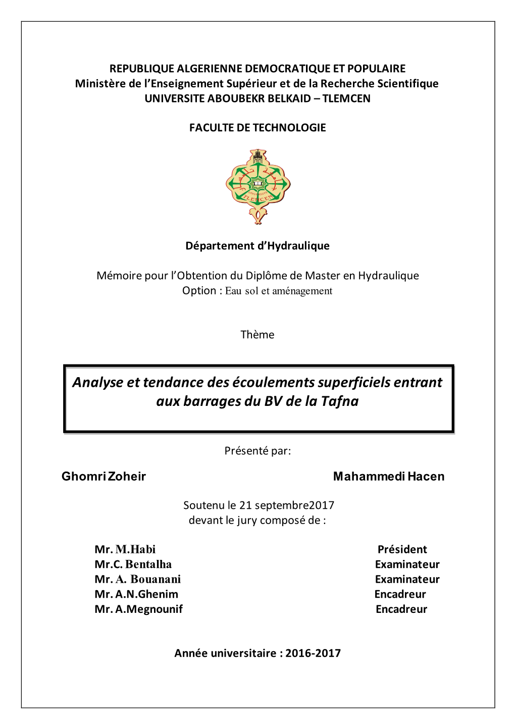 Analyse Et Tendance Des Écoulements Superficiels Entrant Aux Barrages Du BV De La Tafna