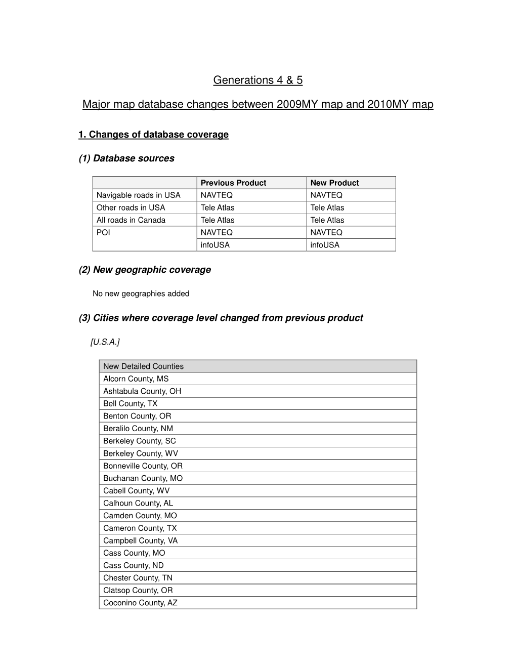 Generations 4 & 5 Major Map Database Changes Between