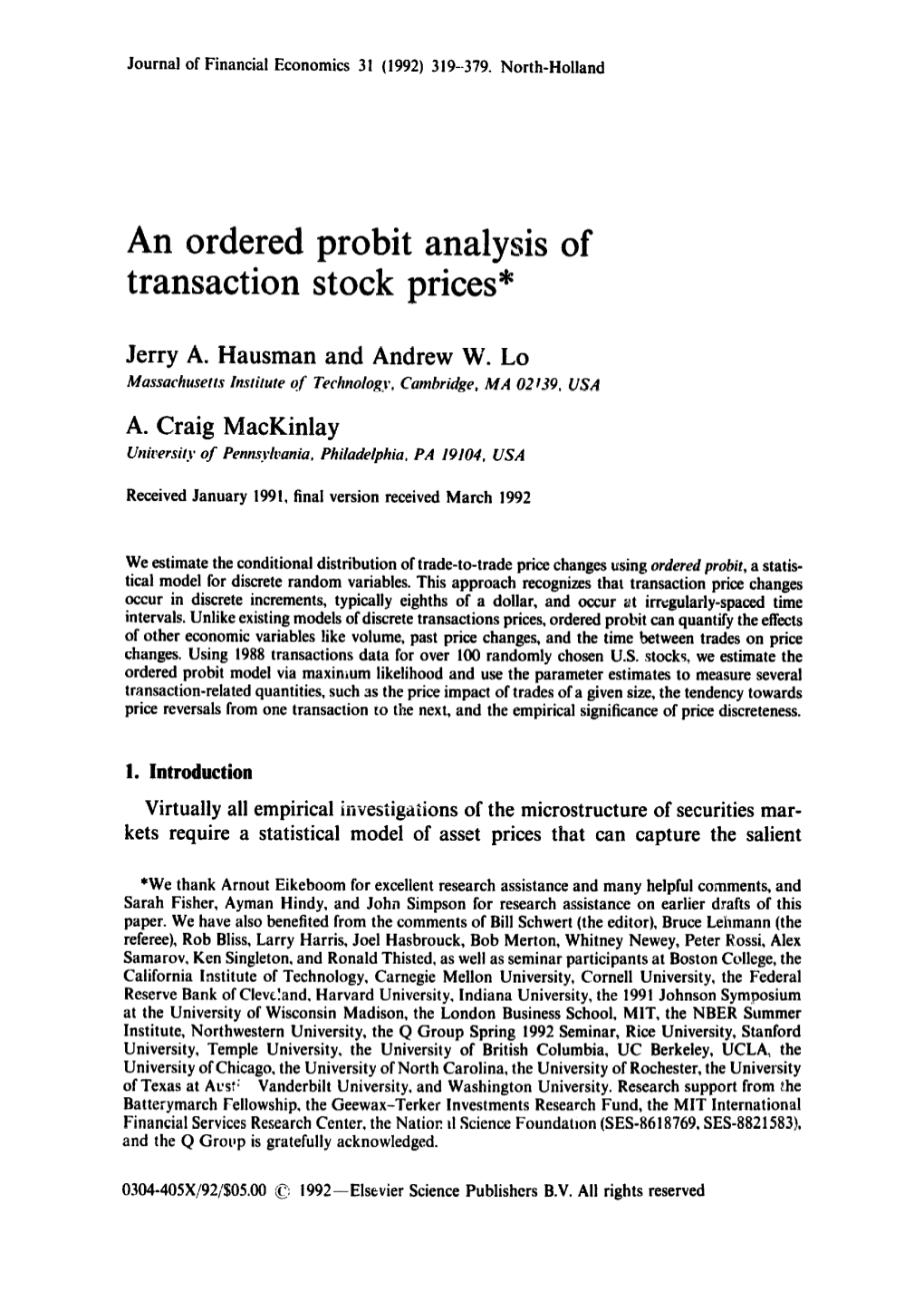 An Ordered Probit Analysis of Transaction Stock Prices*