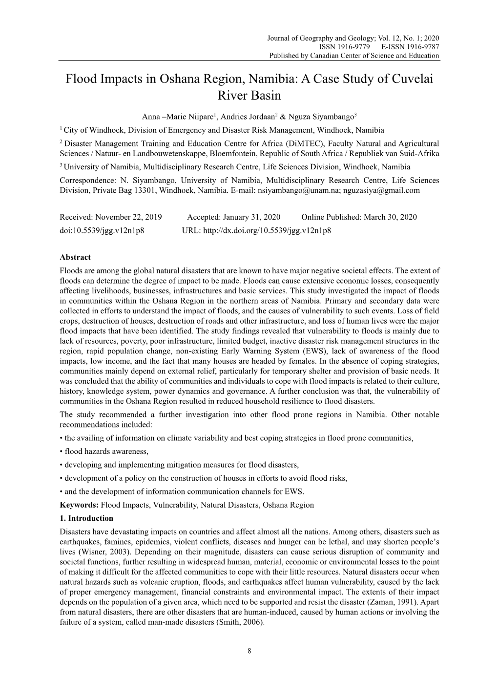 Flood Impacts in Oshana Region, Namibia: a Case Study of Cuvelai River Basin