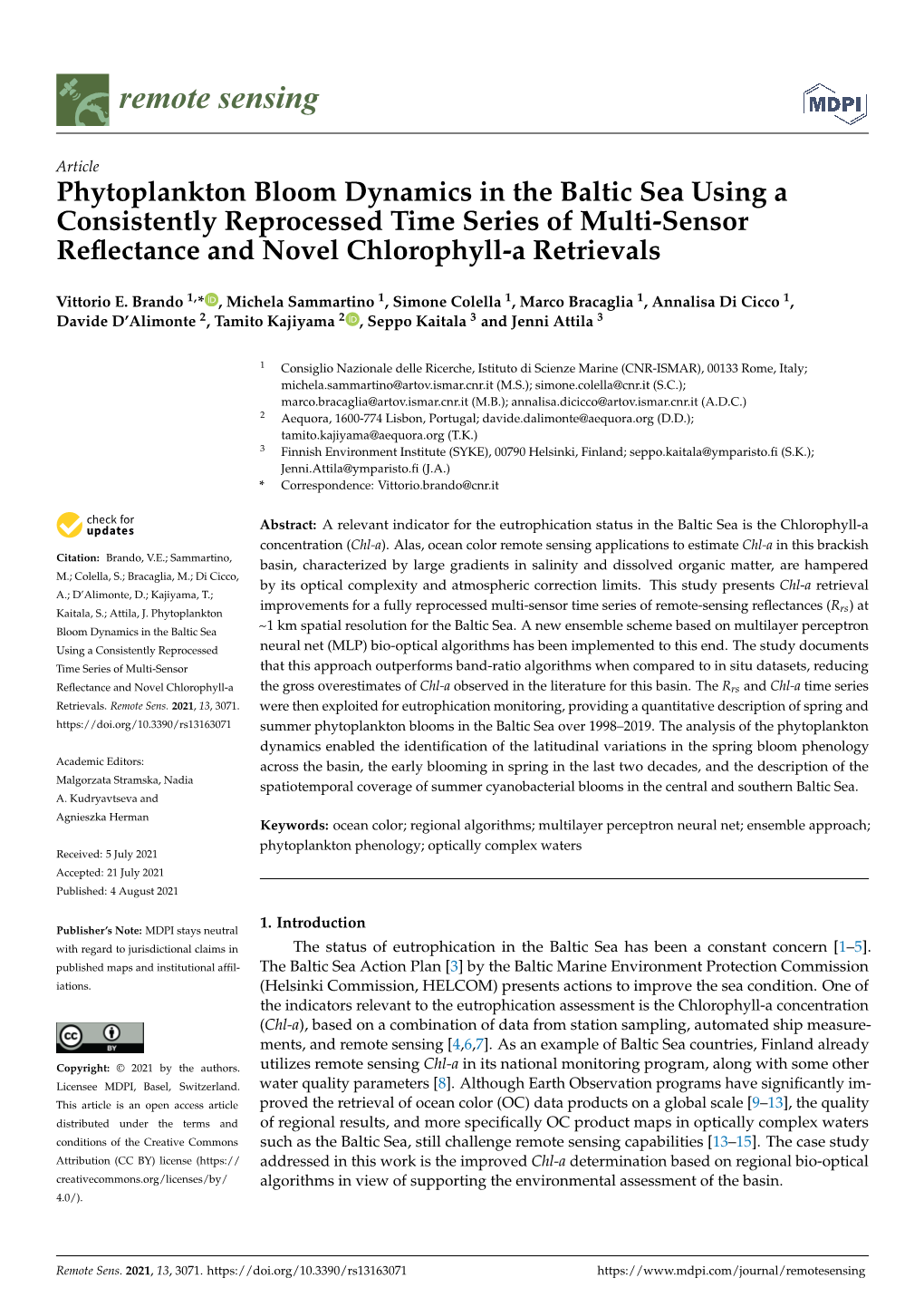 Phytoplankton Bloom Dynamics in the Baltic Sea Using a Consistently Reprocessed Time Series of Multi-Sensor Reﬂectance and Novel Chlorophyll-A Retrievals