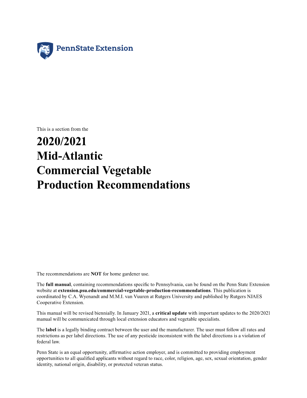 2020/2021 Mid-Atlantic Commercial Vegetable Production Recommendations