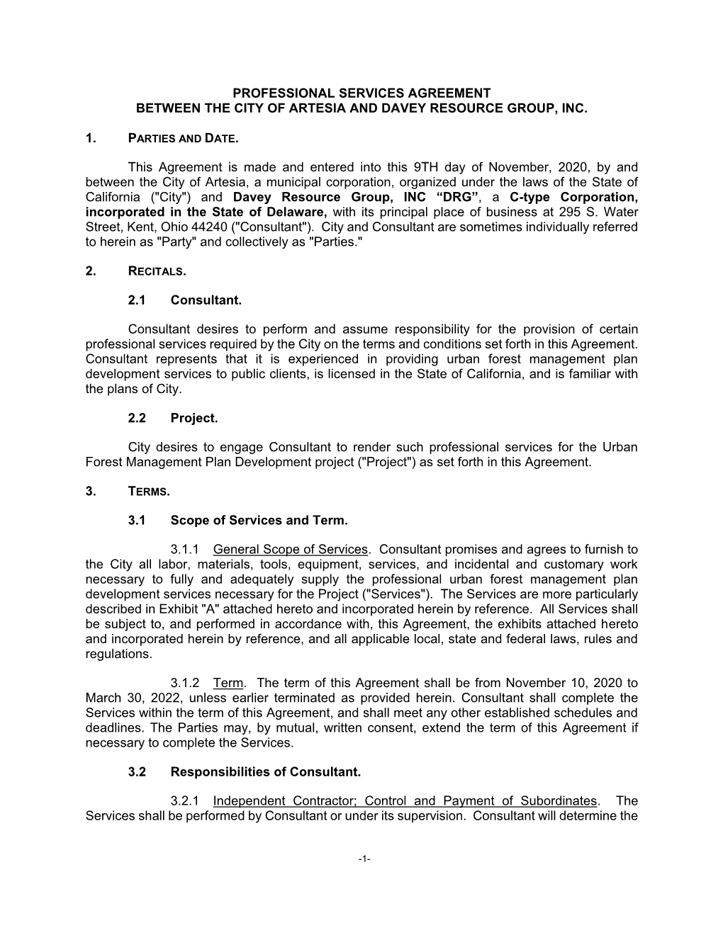 Professional Services Agreement Between the City of Artesia and Davey Resource Group, Inc