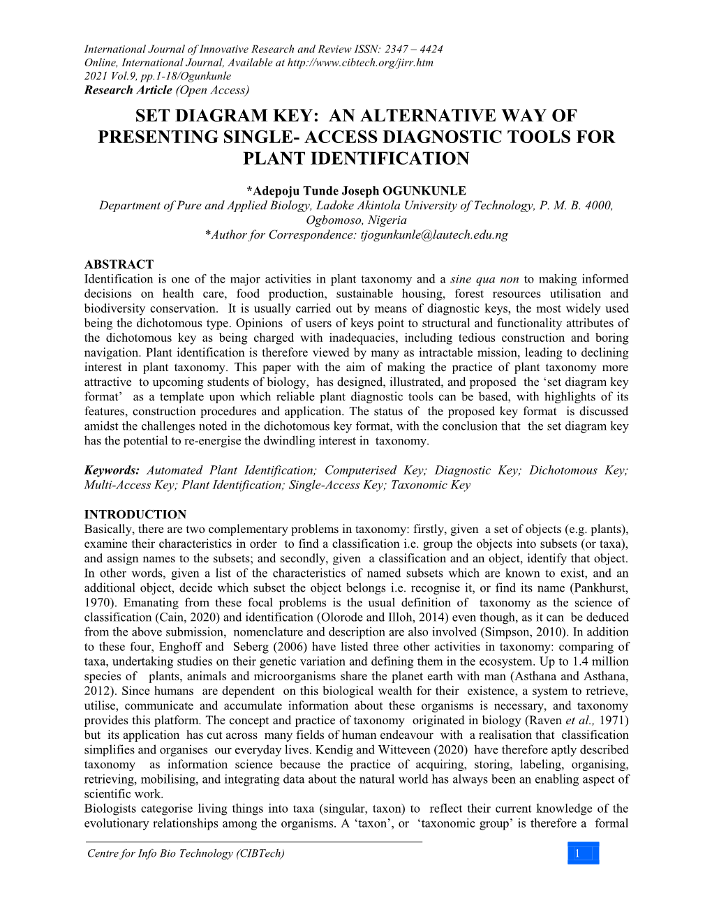 Set Diagram Key: an Alternative Way of Presenting Single- Access Diagnostic Tools for Plant Identification