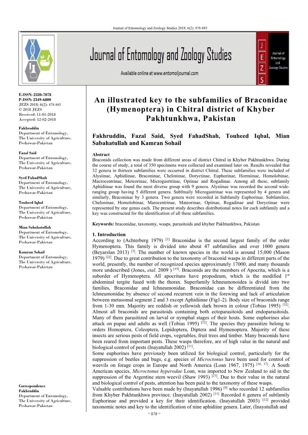 An Illustrated Key to the Subfamilies of Braconidae (Hymenoptera) in Chitral District of Khyber Pakhtunkhwa, Pakistan