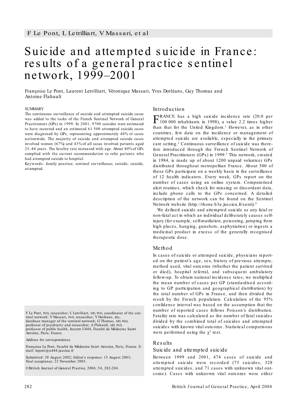 Results of a General Practice Sentinel Network, 1999–2001