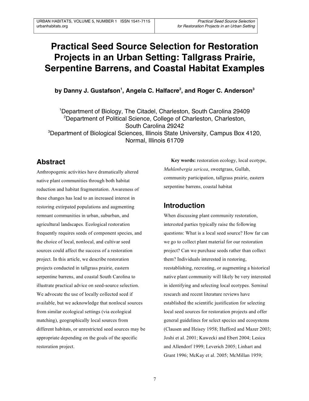 Practical Seed Source Selection for Restoration Projects in an Urban Setting: Tallgrass Prairie, Serpentine Barrens, and Coastal Habitat Examples