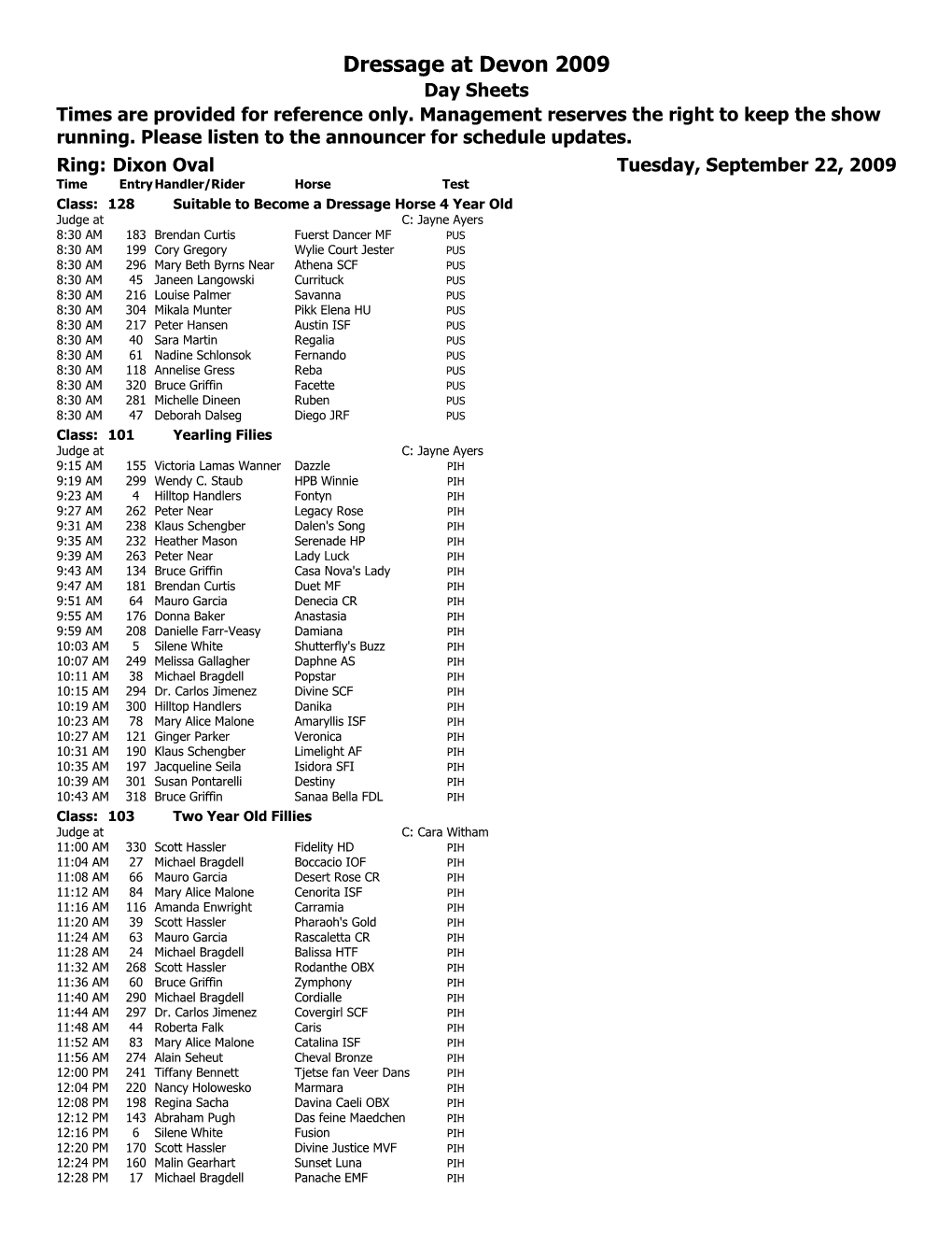 Dressage at Devon 2009 Day Sheets Times Are Provided for Reference Only