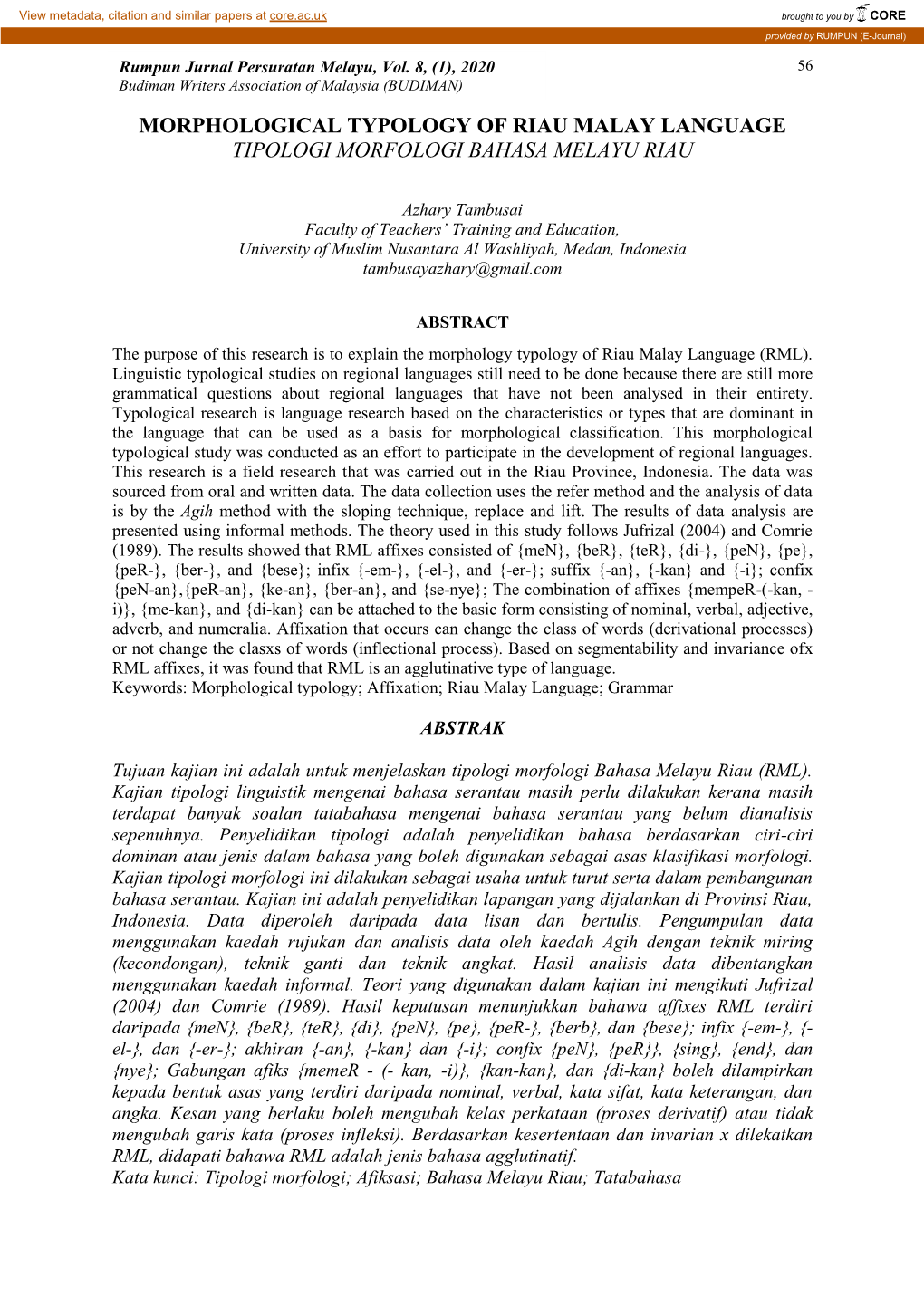 Morphological Typology of Riau Malay Language Tipologi Morfologi Bahasa Melayu Riau