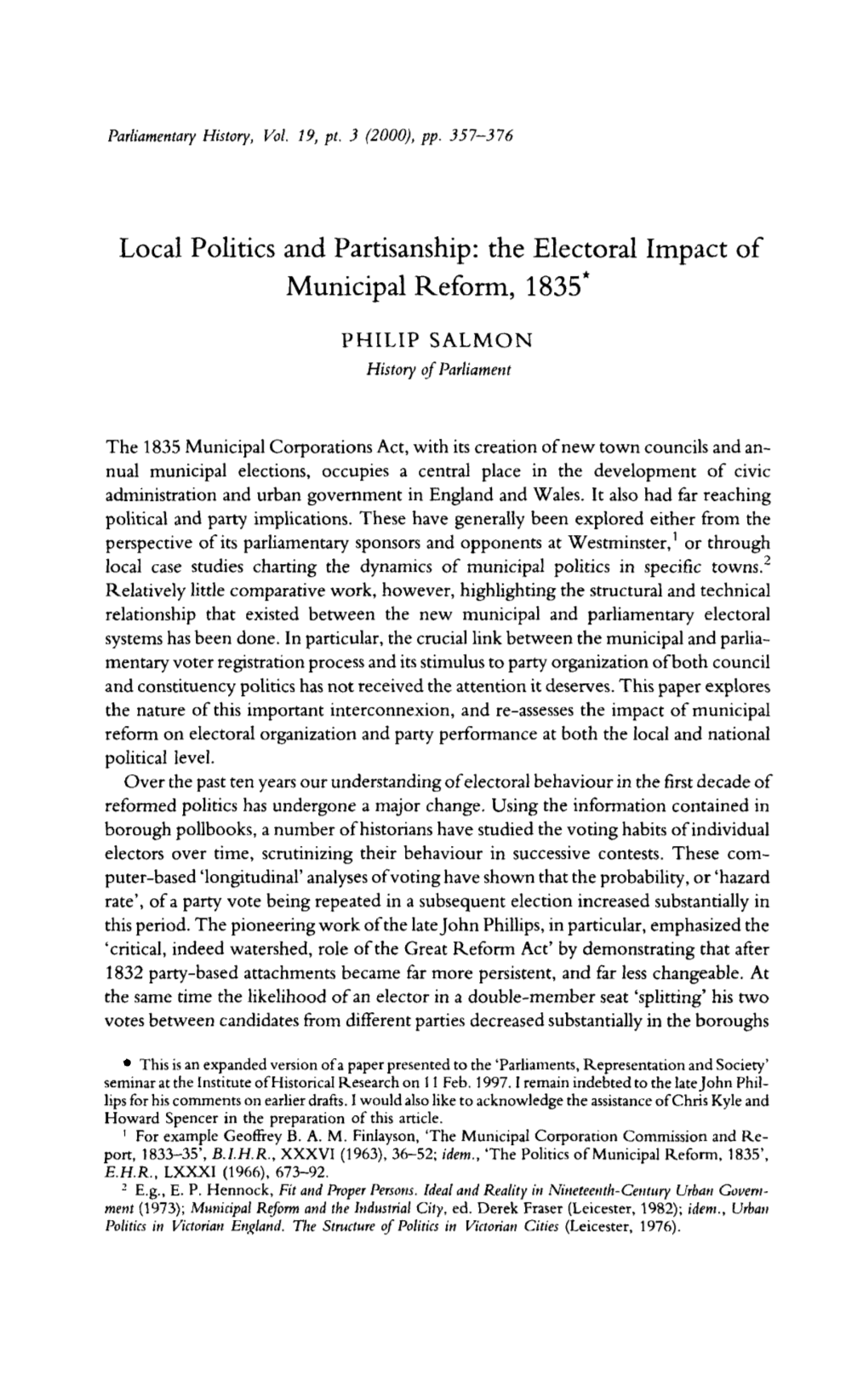 Local Politics and Partisanship: the Electoral Impact of Municipal Reform, 1835*