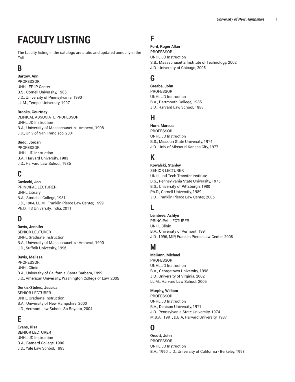 FACULTY LISTING F Ford, Roger Allan the Faculty Listing in the Catalogs Are Static and Updated Annually in the PROFESSOR Fall