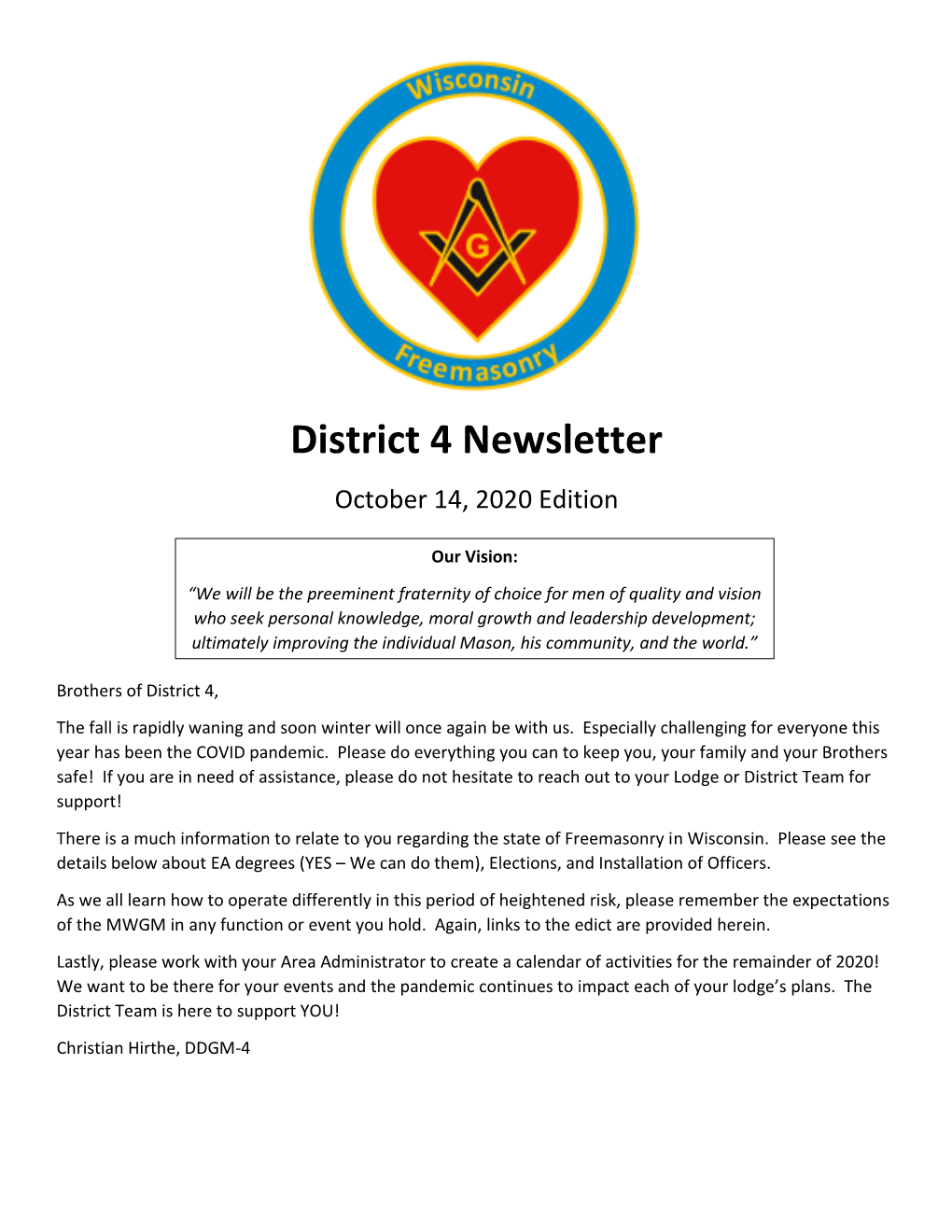 District 4 Newsletter October 14, 2020 Edition