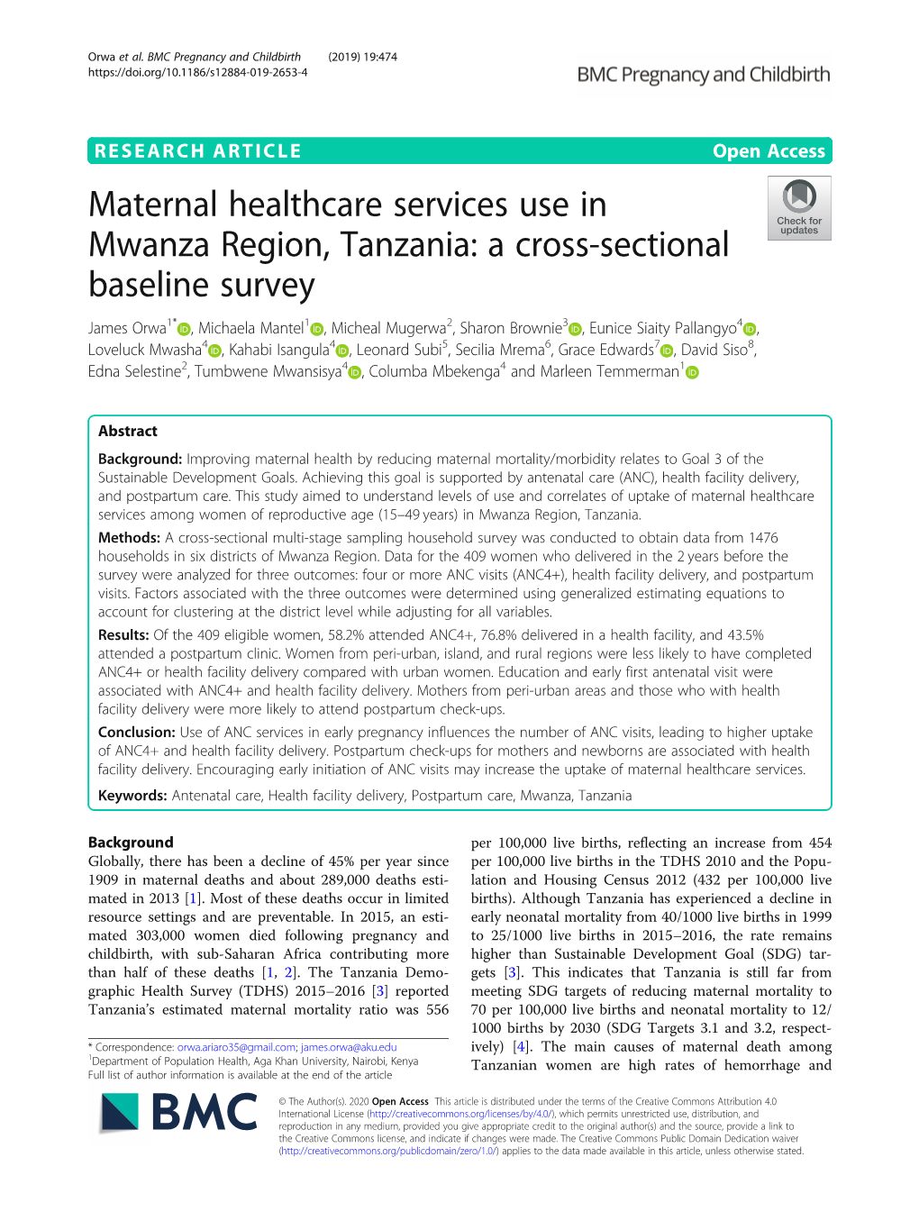 Maternal Healthcare Services Use in Mwanza Region, Tanzania