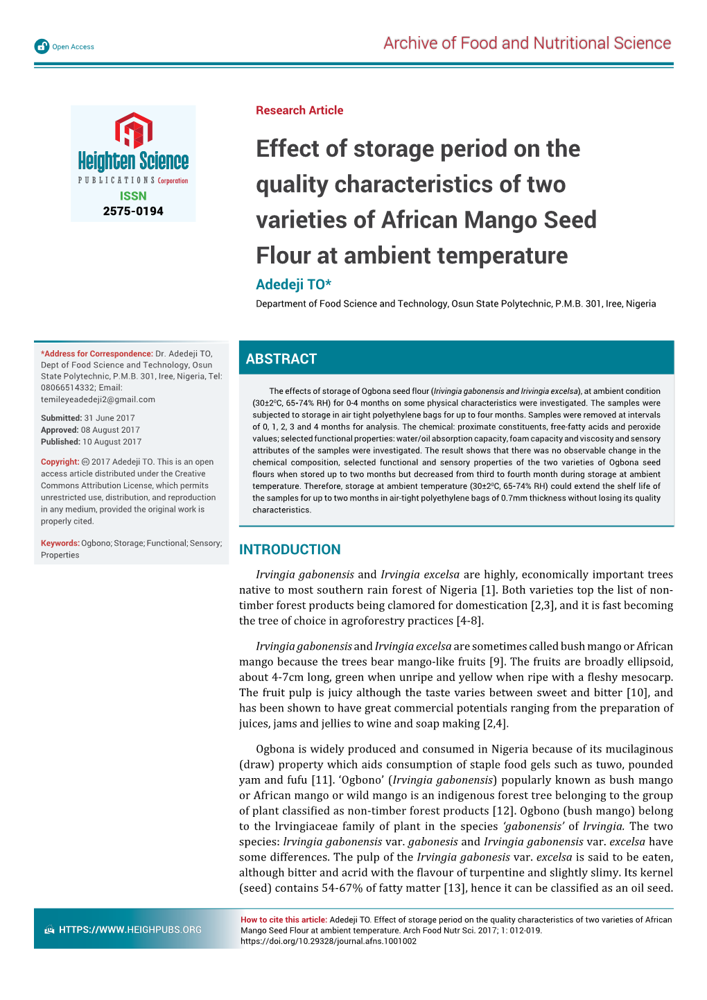 Effect of Storage Period on the Quality Characteristics of Two Varieties of African Mango Seed Flour at Ambient Temperature